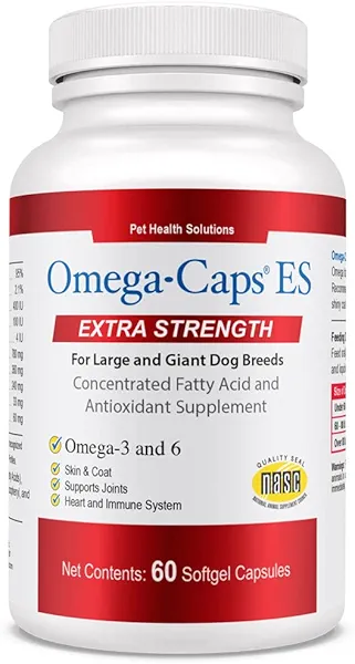 Omega Caps ES Extra Strength for Large and Giant Dogs Omega-3 and Omega-6 Fatty Acid Antioxidant Supplement Vet Formulated Made in USA Skin Coat Joint Heart and Immune Health 60 Softgel Capsules