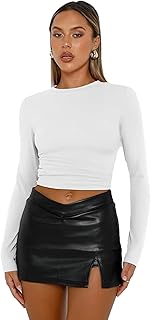 Camiseta de mujer camiseta de cuello redondo de manga larga con ajuste clásico sexy top sólido corte slim ajustado niña Y2K camisetas de invierno camiseta corta elegante