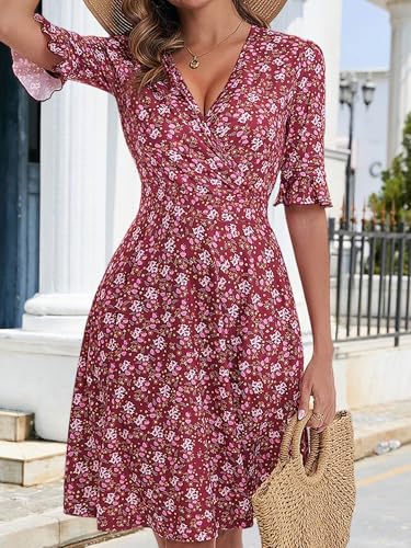 Image of VETIOR Midi Wrap V Neck A line 1 /2 Short Flare Sleeve Dress with Pocket for Women Pear & Apple Shape Friendly