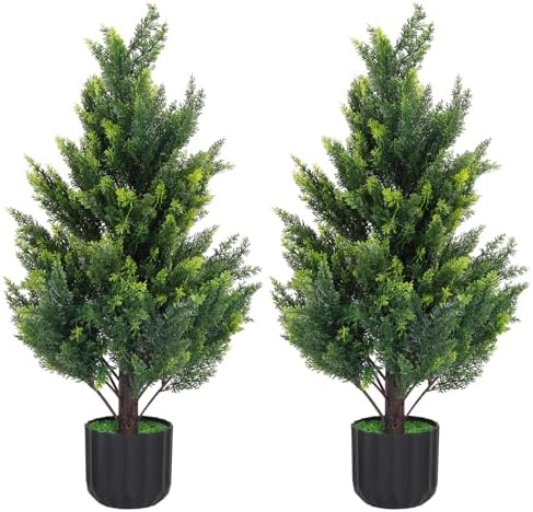3FT Tall Artificial Cedar Topiary Trees Set of 2, Artificial UV Resistant Potted Plants, Faux Bushes Fake Shrubs for Outdoor Indoor Home Entryway Front Porch Garden Patio Offices Living Room Decor