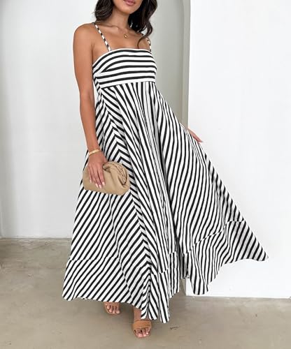 Image of Women Striped Maxi Dress Smocked Backless Spaghetti Strap Long Flowy Dress Sleeveless Boho Aline Sundress