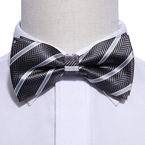 Image of Barry.Wang Paisley Striped Bow Tie for Men Silk Pre-Tied Bowtie Pocket Square Cufflinks Set Formal Wedding Party Prom
