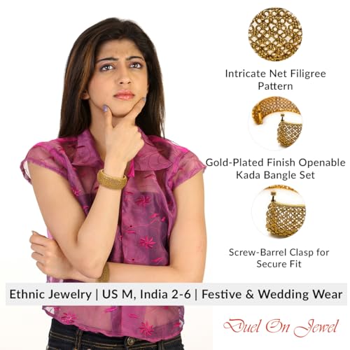 Duel On Jewel Indian Pakistani Bridal Women’s Openable Kada Bangle Bracelet Sets, Gold-Plated with Zircon, Polki, Meenakari Enamel, Filigree Designs, 0.75-1.38 Inch Width, Medium Size 2-6, Party Gift3