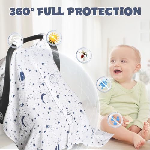 Image of Muslin Car Seat Cover for Babies, Baby Carseat Cover for Boys Girls, Breathable Infant Car Seat Canopy, Multiuse Baby Carrier Cover & Nursing Breastfeeding Cover(White)