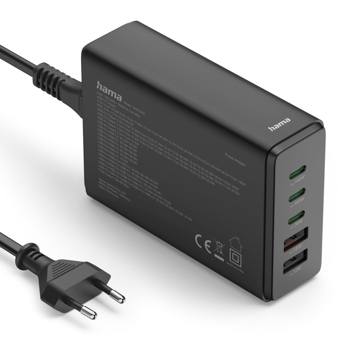 Ładowarka Stacja Ładująca Hama 140W z Technologią USB GaN, z 3 Portami USB-C i 2 Portami USB-A, Obsługa Power Delivery i QuickCharge, Czarna