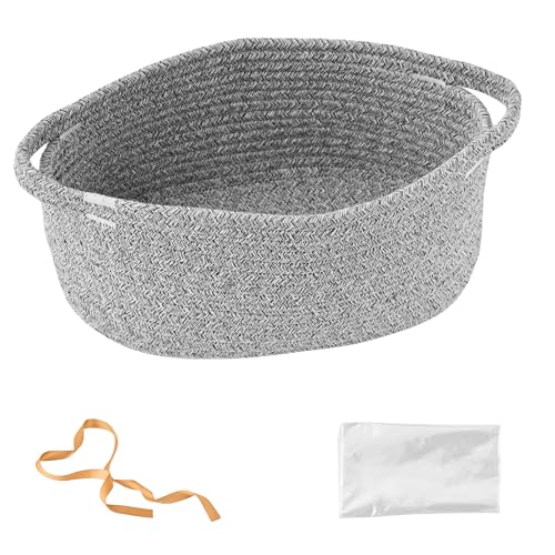 Image of Small Woven Gift Basket Empty with Bag & Ribbon, Storage Basket for Father's Day for Dad, Baby Shower, Raffle, Birthday, Cute Organizer with Handles, 12 inchx8 inchx5 inch, Gray