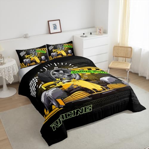 Image of Feelyou Kids Yellow Race Car Comforter Set Queen Size, Racing Car Bedding Set Karting Road Duvet Insert Boys Girls Teens Bedroom Decor 3Pcs