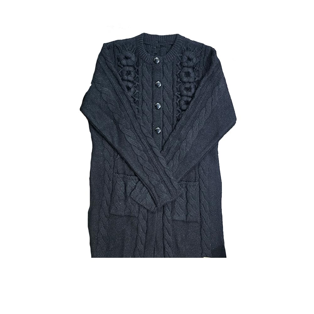 Women Woollen Knitted Six Button Pullover Cardigan with 2 Front Pockets, Flower Design - Black-picture-30