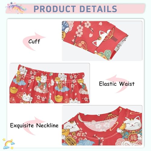 Pajama Sets Long Sleeve Cute Cats Cherry Blossoms on Red Soft Comfy Sleepwear 2 Piece PJS 3-8T4