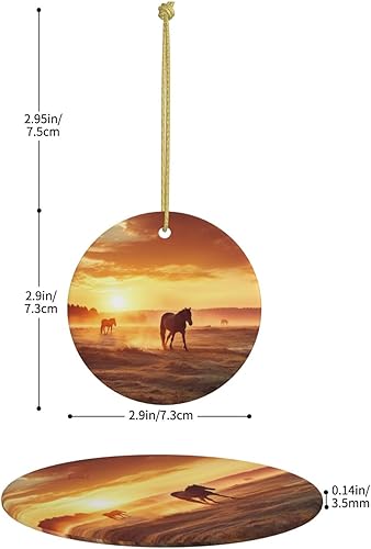 Miniatura 2 de 2023 Christmas Tree Hanging Ornament Horses on Pasture at Sundown Round Ceramic Christmas Hanging Christmas Tree Decorations Pendants for Xmas