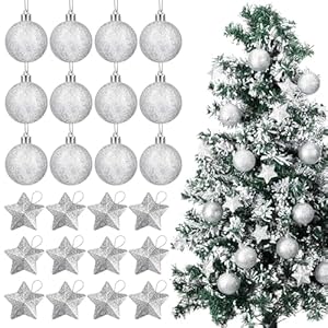 Silver ball and star tree ornament set