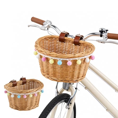 Cestino Bici Bambino, Cestino Bicicletta Anteriore Vimini, Tessuto a Mano Bambini Cestino in Vimini per Bicicletta, Dotato di Fasce Regolabili, Resistente, Accessori Bici Bambino, Fits Most Bikes