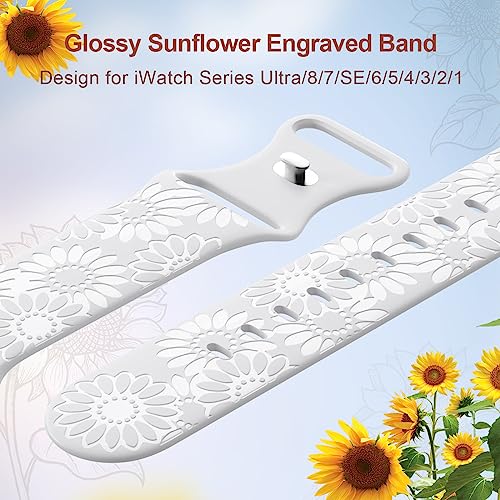 Image of Sunflower Engraved Band Compatible with Apple Watch Bands 38mm 40mm 41mm 42mm 44mm 45mm 49mm Women, Designer Soft Glossy Floral Silicone Strap for iWatch Series Ultra 11 10 9 8 7 6 SE 5 4 3 2 1