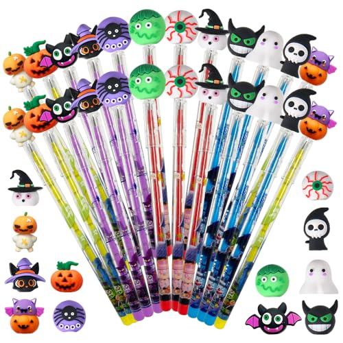 24 lápices Halloween multicolor con toppers miniatura 1