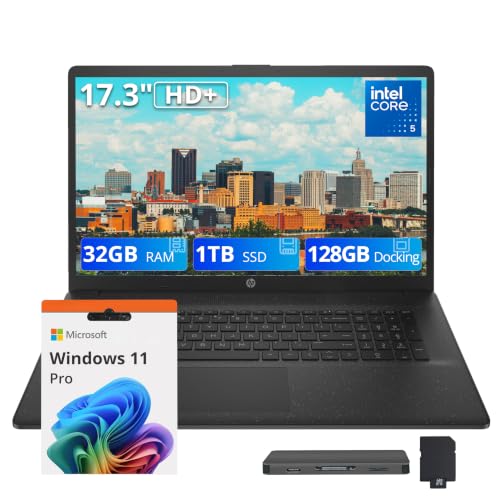 Image of HP 17.3 inch HD+ Laptop for Business & Students, Intel Core 5 120U, 32GB RAM, 1TB SSD + 128GB Docking Station, Intel Graphics, Full-Size Keyboard, Wi-Fi 6, HD Webcam, Windows 11 Pro, Black