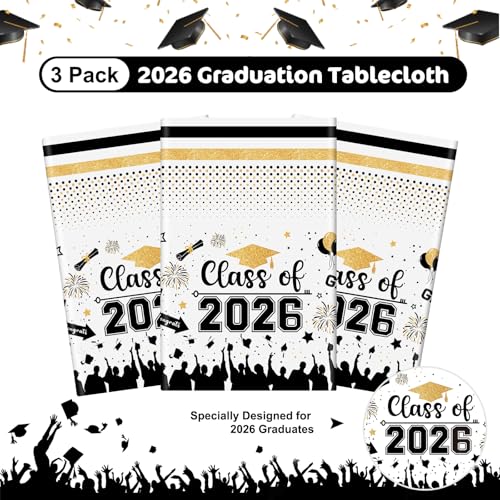 Image of Graduation Decorations Class of 2026 Tablecloth - 3 Pcs Plastic Congrats Grad Table Cloth, Graduation Table Cover for Graduation Party Decorations 2026 and Party Supplies, 54 inchx108 inch (Black and Gold)