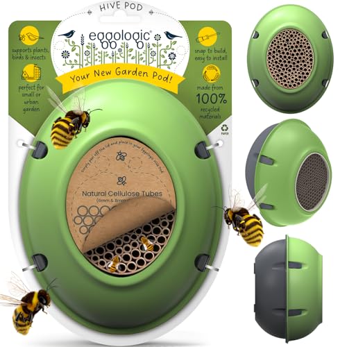eggologic Hive Pod Bee Hotel Modern Insect House for Gardens Solitary Bee House with Natural Nesting Tubes Wall-Mounted Bug Box for Pollinators for Gardeners - Tuscan Green