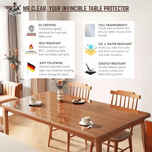 Image of MR.CLEAR Transparent Table Cover | 4 & 6 Seater Waterproof Table Cloth | Office & Home Dining Tables Top PVC Clear Protector | Thick & Water Proof (1mm) (38 x 64 Inch)