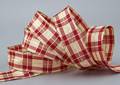 finemark 20 m x 25 mm chequered Christmas ribbon, burgundy, cream, gold (124) with lurex wire edge, decorative, gift, tartan - Image 3