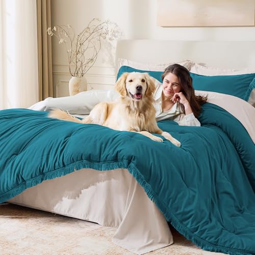 Image of Andency Turquoise Comforter Twin Size, 2 Pieces Boho Teal Tassel Lightweight Bedding Comforter Sets for Twin Bed, Teal Blue All Season Soft Fluffy Fringe Bed Set (66x90In Comforter & 1 Pillowcase)
