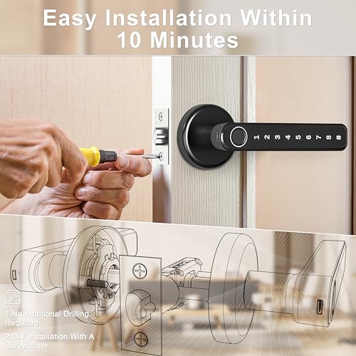 Image of IRONZON 191F 3-in-1 Fingerprint Door Handle with Keypad Control | Fingerprint Door Lock with Keypad, Fingerprint Door Knob for Bedroom with Key, Keyless Entry Door Handle - Black