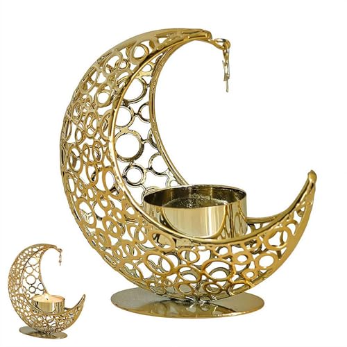Portacandele in metallo a forma di luna crescente, decorazione per Ramadan islamico, con luna e stelle 3D scavate per Ramadan, regalo per musulmani, decorazioni islamiche (dorato)
