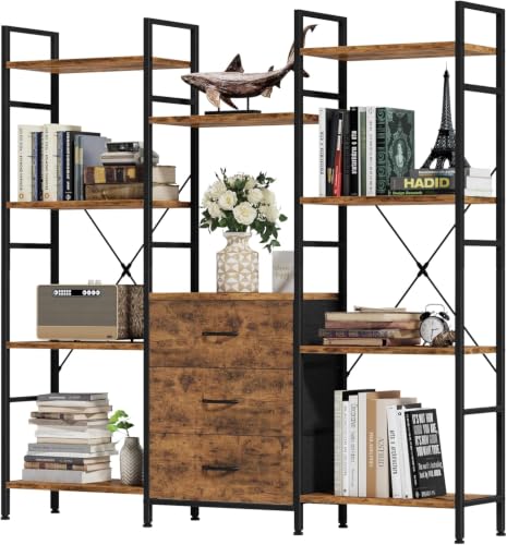 OYRREU Bibliothèque Haute 100Lx142H cm 3 Tiroirs, 4 Niveaux, Bois Rustique