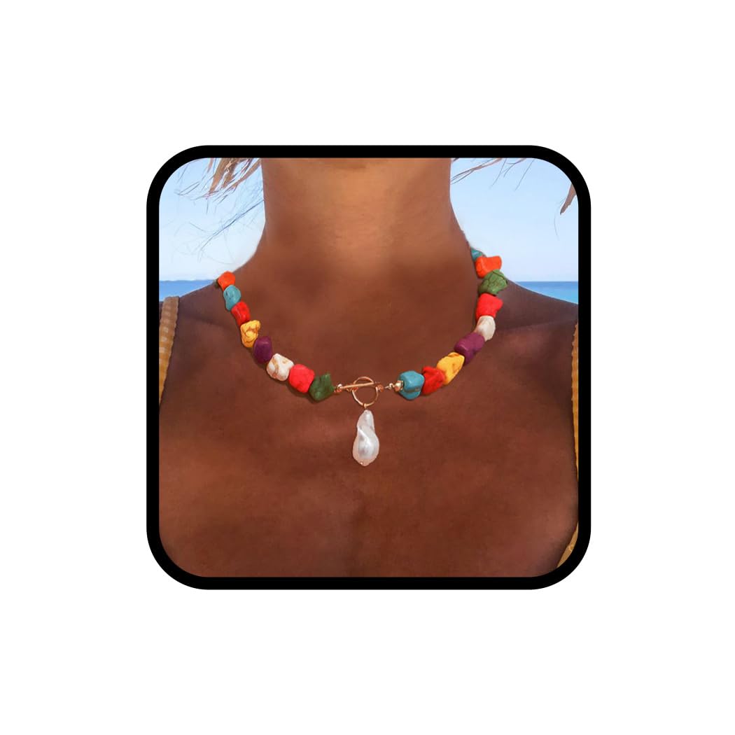 Fashband Collar bohemio con colgante de perlas de playa de color turquesa para mujer, Metal