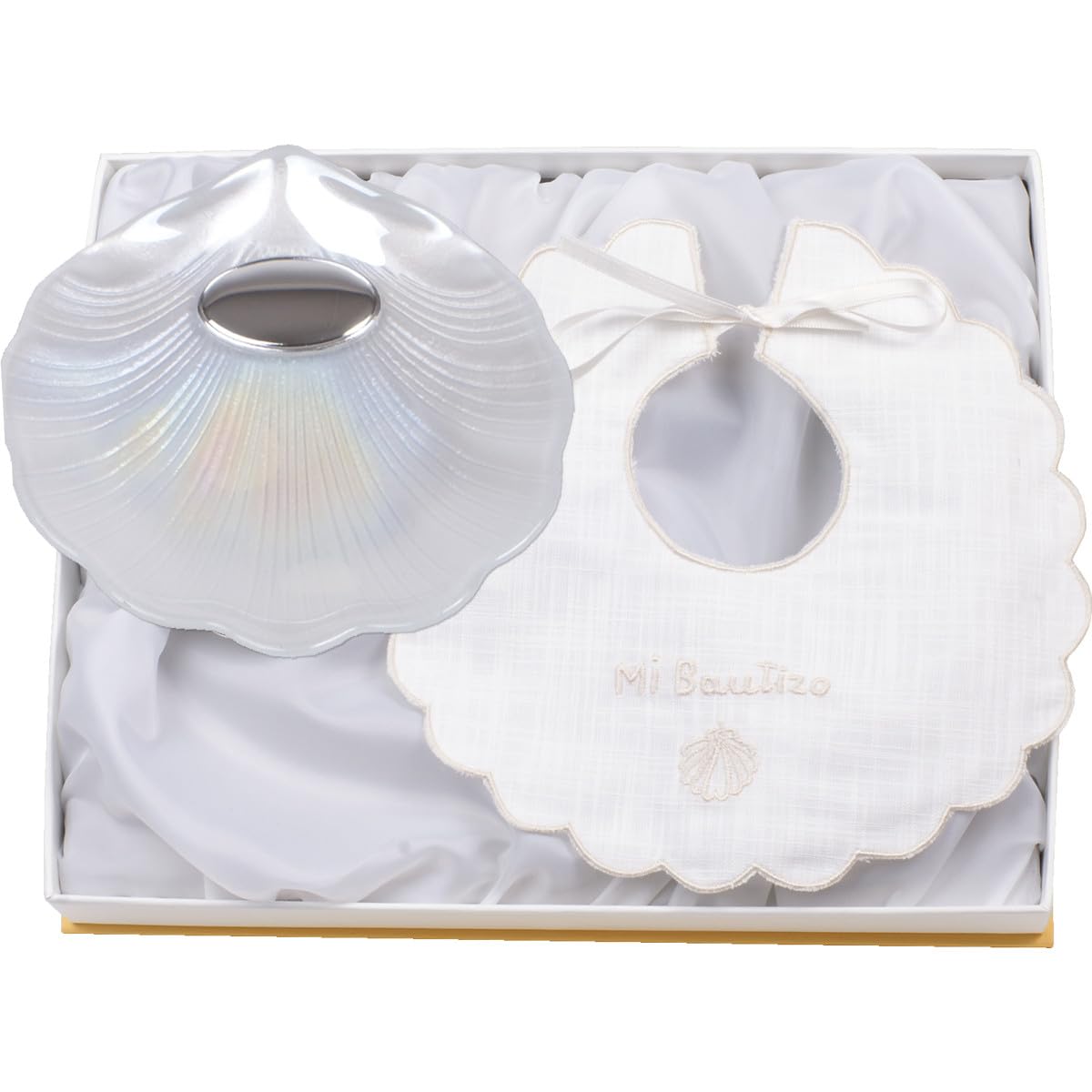 Coffret coquillage nacre et bavoir Mon baptême 09686-N