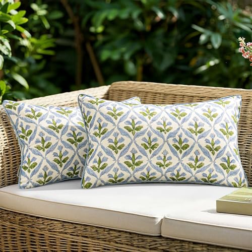 Image of MIULEE Pack of 2 Decorative Outdoor Waterproof Throw Pillow Covers Flower Print Chic Boho Accent Pillow Covers for Square Garden Patio Cushion 12x20 Inch, Blue-Green