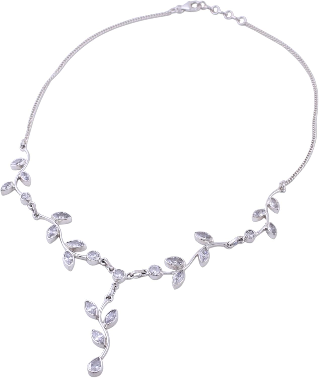 NOVICA Artisan Quartz Y Necklace Garland in Sterling Silver from India Clear Leaf Tree Birthstone [17.25 in min L x 18 in max L x 0.5 in W 2 mm W Pendant(s) 2 in L x 0.6 in W x 0.1 in D] '