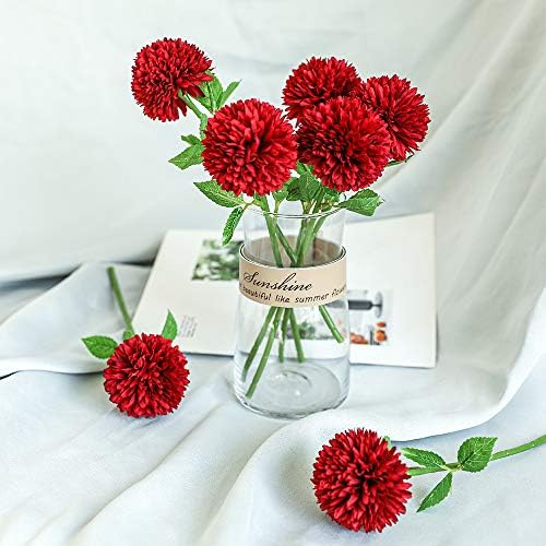Floweroyal Artificial Flowers 12pcs Chrysanthemum Ball Flowers Silk Hydrangea Bridal Wedding Bouquet for Home Garden Party Office Coffee House Decorations (Red).