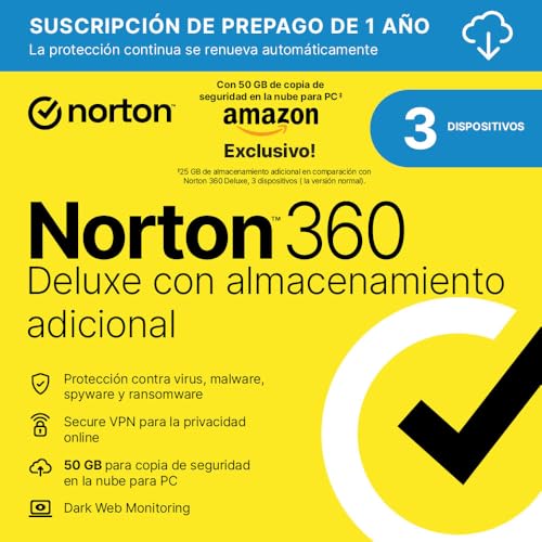 Norton 360 Deluxe Exclusivo Amazon*|Antivirus 3 Dispositivos|1 año con renovación automática| Descarga digital