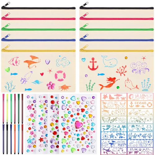 Vyuwast Mäppchen zum Bemalen, 10 Stück DIY Stoff Federmäppchen Blanko, Taschen Bemalen Kinder mit 12 Farbigen Stiften, 16 Malen Schimmel und 4 Aufklebern für Make up Taschen, Aufbewahrung Schreibwaren