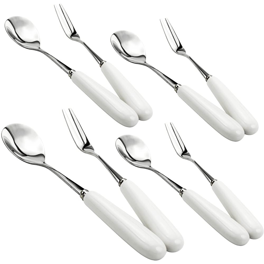 4Pcs Coffee spoon and 4Pcs fruit fork, afternoon tea tableware, 18-10 stainless steel blades, white ceramic handle,6inch SUS304 Mixing Spoon dessert Fork