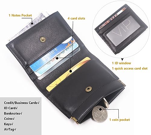 Leather Wallet for Men, Short Bifold Slim Men's Wallet with Squeeze Coin Pocket Card Holder ID Window, Top Grain Leather Mens Wallet with Gift Box (Black)2
