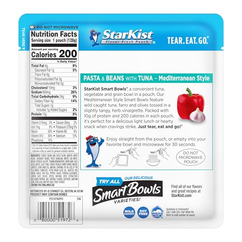 Image of StarKist Smart Bowls Mediterranean Style Tuna, 4.5oz Pouch, 12-pack | Features Pasta and Beans, Wild Caught Light Tuna, No Draining, Ready to Eat