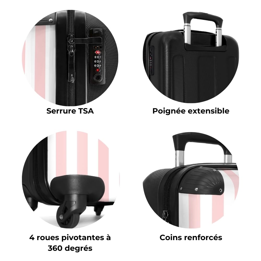NoBoringSuitcases.com Valise Enfant, Valise Personnalisable, Bagages Enfant Fille, Trolley, Valise Cabine Enfant Fille, Valises, Valise Cabine 55x35x25cm (Rayures Roses et Blanches - Verticales)