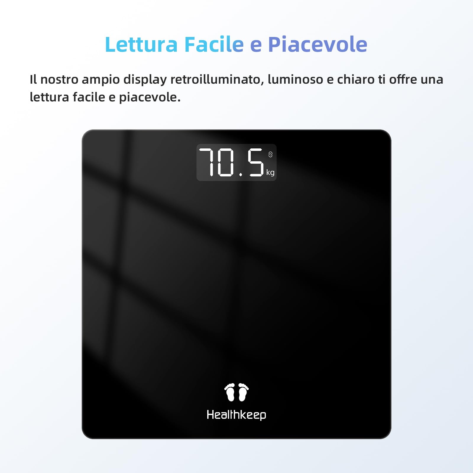 Healthkeep Bilancia Pesapersone Digitale 180 kg, Alta Precisione 0,1 kg, Display LED Retroilluminato,Vetro Temperato 5 mm, Design Ultrasottile, Batterie Incluse