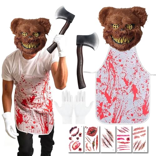 Disfraz de Carnicero de Halloween, Asesino en Serie Disfraces, Oso Asesino Disfraces, Máscara de Oso Sangriento, Delantal Sangriento, Cuchillo Sangriento, Pegatinas Cicatriciales, Guantes de algodón