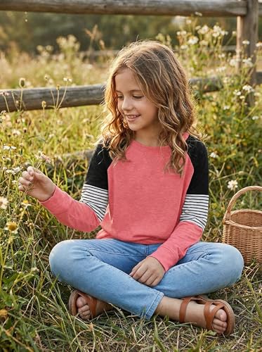 Image of SELINK Girls Big Kids Long Sleeve Striped Color Block Pocket Tees | Casual Loose Fit With Side Pockets,Soft Stretch Polyester Blend For Big Girls Daily&Back To School Wear