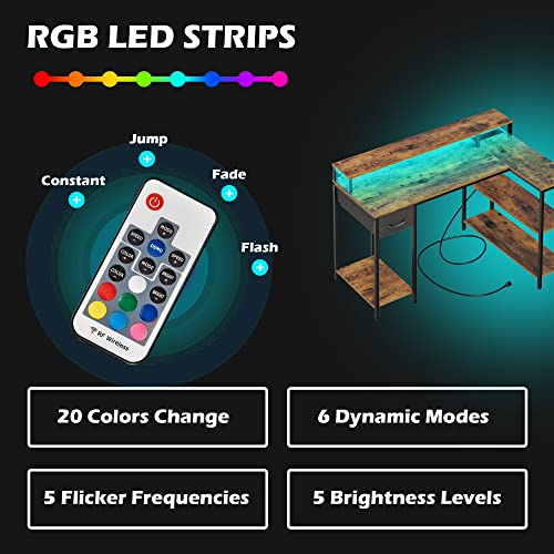 Superjare L Shaped Computer Desk With Power Outlets & Led Strips, Reversible Corner Desk With Monitor Stand & Storage Shelf, Home Office Desk Gaming Desk, Rustic Brown #TOP4