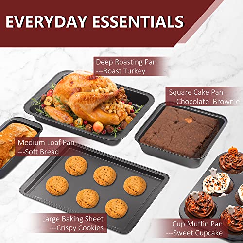 Linklife 5-Piece Stackable Baking Pans Set, Nonstick Steel Bakeware Set, Cookie Sheet, Square Cake Pan, Muffin Tins, Loaf Box, Deep Toaster Oven Tray For New Home Kitchen Supplies #TOP5