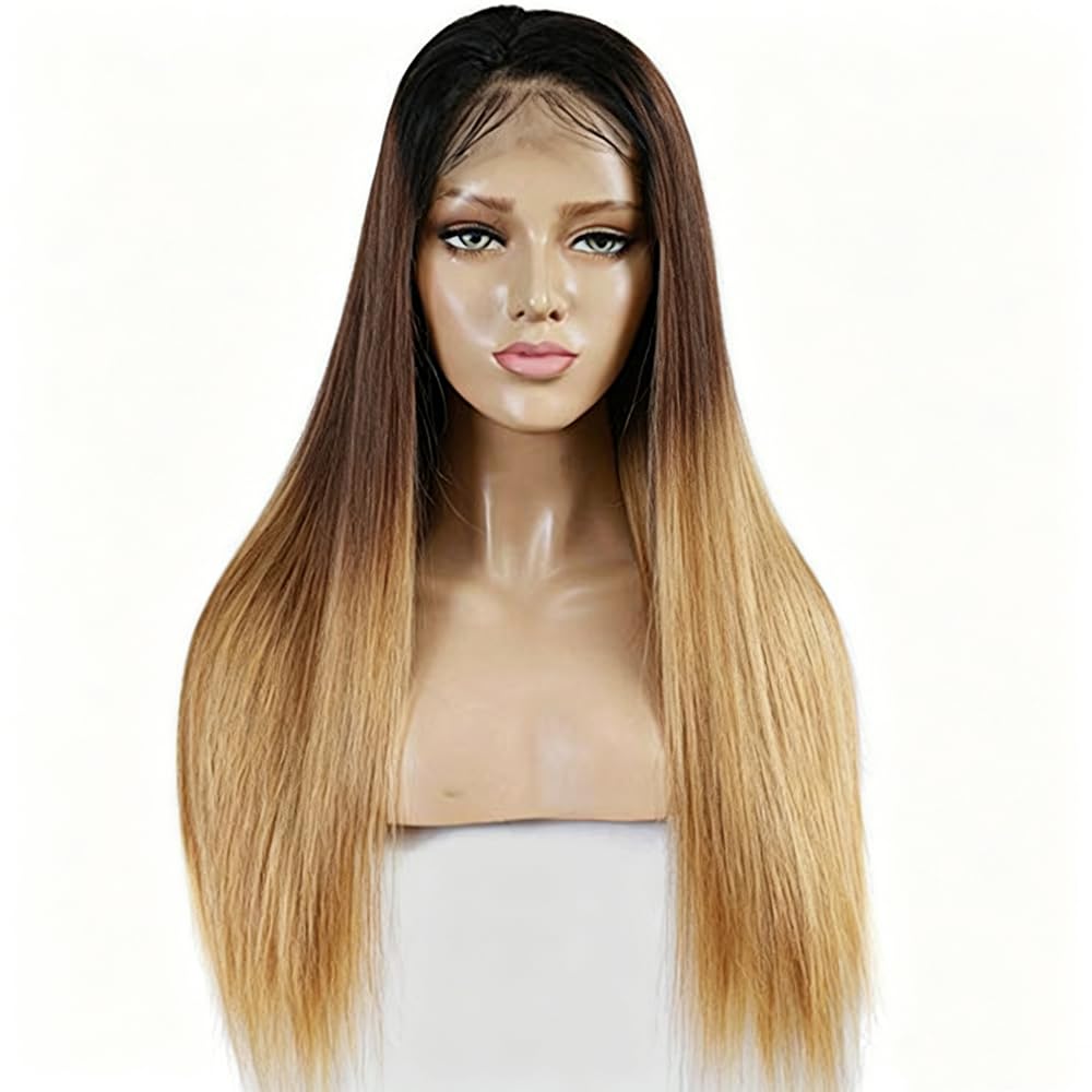 Straight Human Hair Wig 4X4 Lace Menschliches Haar Perücke Damen Echthaar Glueless Wear and Go Pre Plucked with Baby Hair Low Shedding Ombre Blonde 1b427 for Women 18 Inch