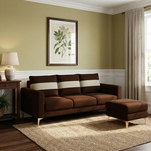 Image of FURNY Nova 4 Seater L Shape Sofa Set with Movable Ottoman | Flexible Left or Right Layout | Plush Velvet Fabric (Brown-Cream) | Perfect for Living Room, Guest Room & Office