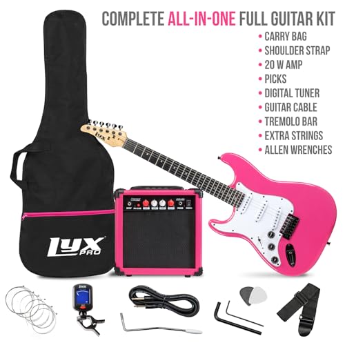 Image of LyxPro Left Hand 39 Inch Electric Guitar and Starter Kit for Lefty Full Size Beginner's Guitar, Amp, Six Strings, Two Picks, Shoulder Strap, Digital Clip On Tuner, Cable and Soft Case - Pink