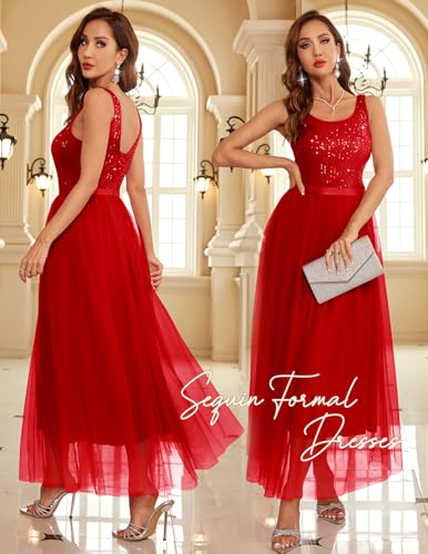 Image of BeryLove Sequin Dress for Woman Vintage A Line Wedding Formal Swing Mesh Dress Sleeveless Cocktail Maxi Gowns