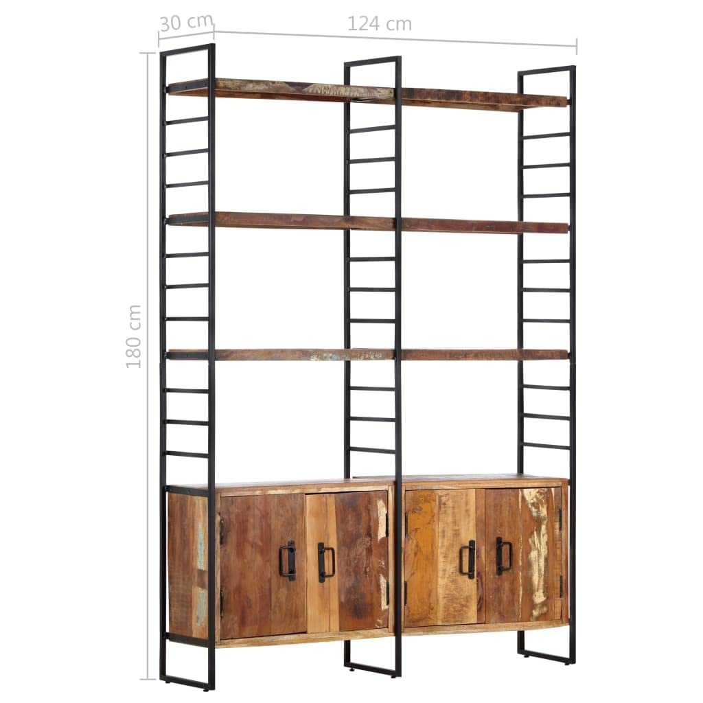 Estantería de 4 niveles, 124 x 30 x 180 cm, con 6 compartimentos y 4 puertas, estilo industrial, estantería de madera maciza y marco de hierro recubierto de polvo, estantería retro para libros