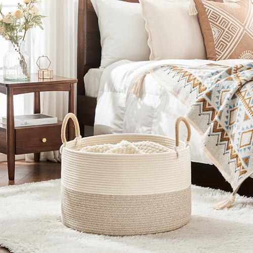 Image of KAKAMAY Large Blanket Basket 20 inchx13 inch, Cotton Rope Woven Laundry Storage Basket, Baskets for Toy,Stuffed Animal Storage, Dog,Toy Box, Gift Basket for Living Room Nursery Baby Hamper (Beige)
