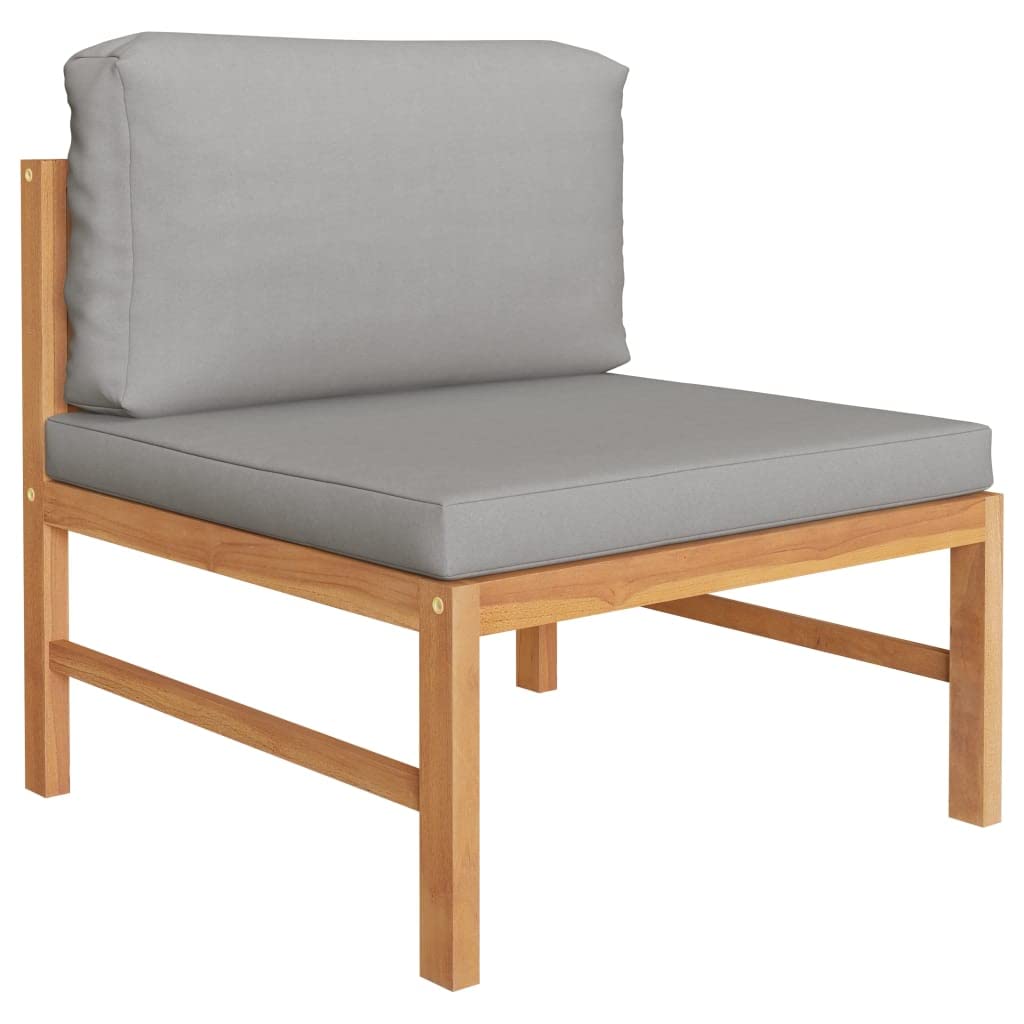 Divano centrale da giardino in legno massiccio, divano modulare, singolo, lounge, balcone, terrazza, lato piscina, con cuscino grigio scuro in legno massello teak